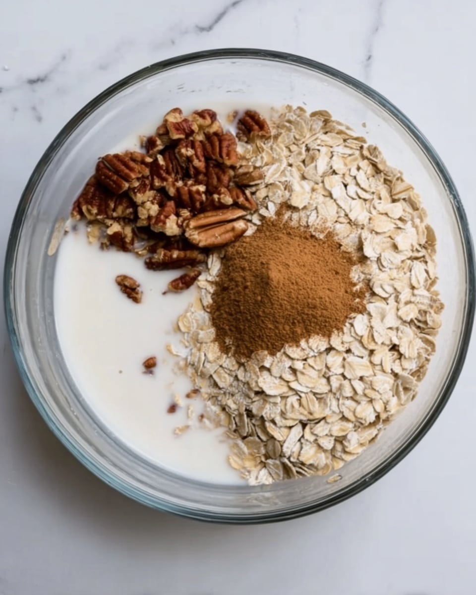 A clear glass bowl sits on a white marbled surface, filled with several layers of ingredients. On one side, there is a pool of white milk with a few oat flakes floating in it. Next to the milk, there is a large pile of light beige rolled oats. Above the oats, there is a small pile of brown chopped nuts, likely pecans. On top of the oats, slightly overlapping the nuts, there is a mound of brown cinnamon powder. The layers are arranged close together but not mixed. photo taken with an iphone --ar 4:5 --v 7