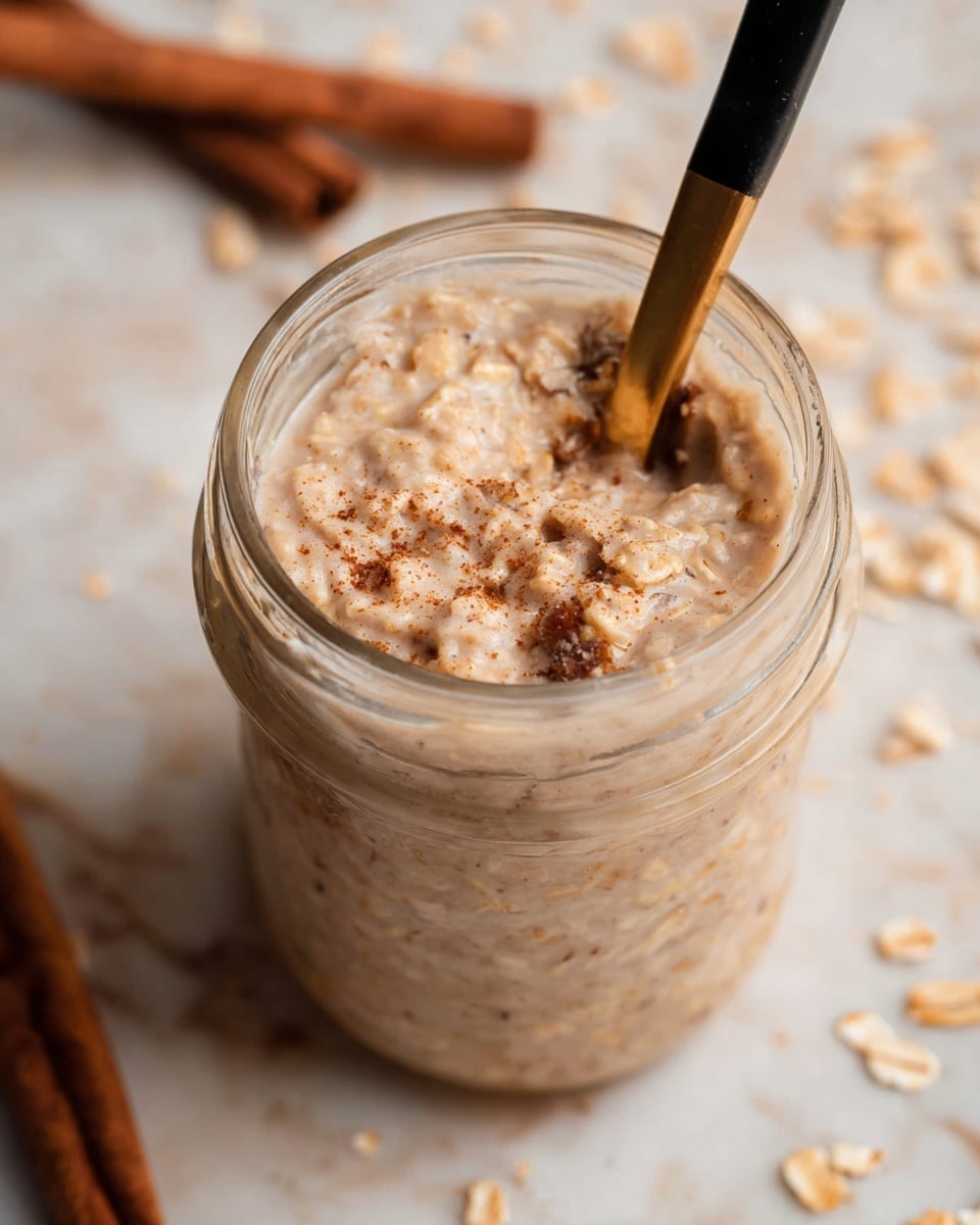 The image shows a close-up of a single glass jar filled with oatmeal. The oatmeal has a creamy beige color mixed with light brown, showing the texture of oats. The jar is nearly full, and a black spoon with a gold upper handle stands inside it. The surface behind the jar is a white marbled texture with scattered dry oats and two cinnamon sticks visible near the edges. The oatmeal has a soft, slightly chunky texture, with bits of oats visible within the creamy mix. photo taken with an iphone --ar 4:5 --v 7