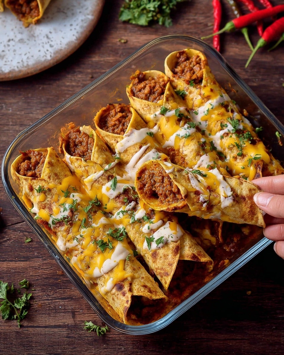 The image shows a close-up of a stack of four rolled enchiladas placed on a white plate. Each enchilada is filled with a light brown, finely textured meat filling and is rolled in a soft, beige tortilla. The top of the enchiladas is covered with a layer of melted golden-yellow cheese, dotted with small pieces of green herbs, and there are some light brown crispy spots from baking. In the background, there is a glass baking dish filled with more enchiladas on a white marbled surface, and a wooden spatula is lifting the top enchilada slightly from the plate. photo taken with an iphone --ar 4:5 --v 7