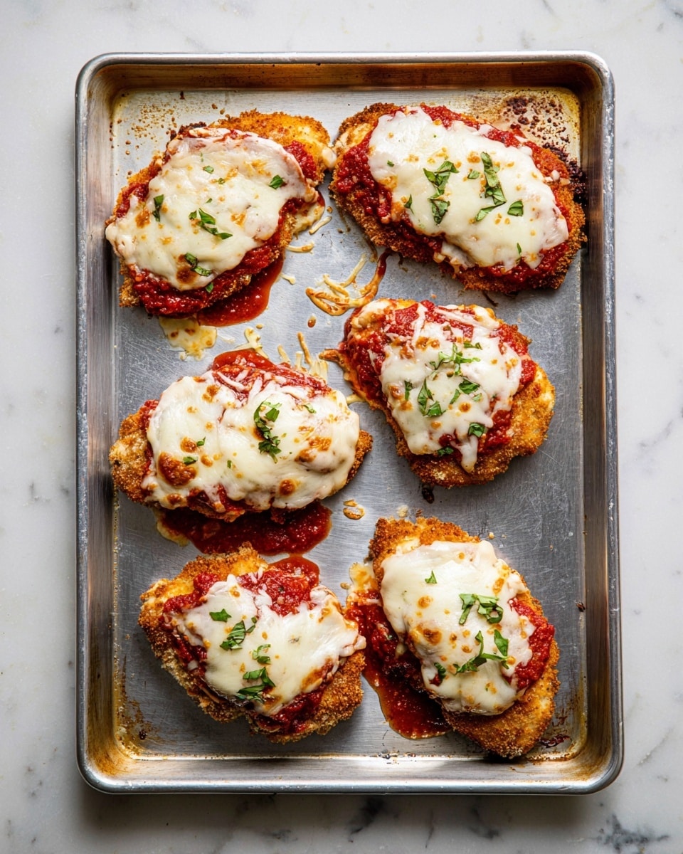 The image shows six pieces of breaded chicken on a metal baking tray. Each piece is topped with a layer of red tomato sauce and a thick layer of melted, slightly browned white cheese with some golden spots. Small green herb pieces are sprinkled over the cheese, adding some fresh contrast. The tray has some darker browned spots where the cheese melted and baked. The whole setup is on a white marbled surface. photo taken with an iphone --ar 4:5 --v 7
