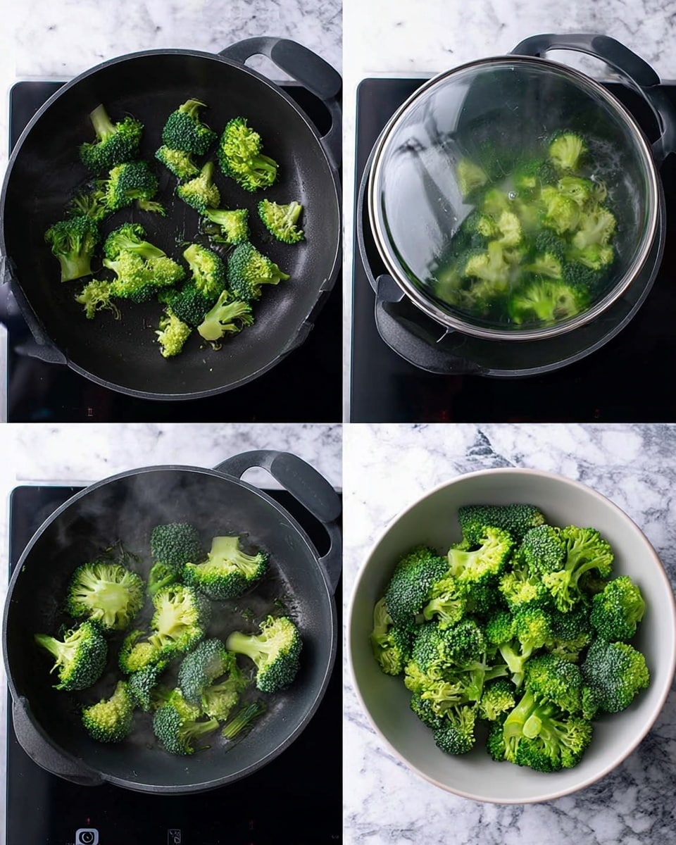 The image shows four frames of broccoli cooking. The first frame has fresh green broccoli pieces with bright crowns and light green stalks spread out separately in a dark pan on a stove with a white marbled surface underneath. The second frame shows the same broccoli inside the pan but covered with a clear glass lid, steam visible inside. The third frame shows the broccoli now a little softer and darker green in the pan without the lid. The fourth frame shows the cooked broccoli piled in a white bowl, looking bright and fresh, sitting on a white marbled surface. photo taken with an iphone --ar 4:5 --v 7