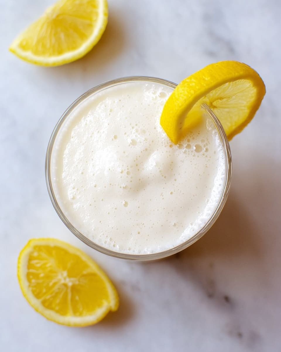 A clear glass filled with a thick, creamy white drink that has a smooth, frothy surface with small bubbles. A bright yellow lemon slice is placed on the rim of the glass, and two more lemon halves are positioned on a white marbled surface around it. The image is bright and fresh, showing a simple but refreshing lemon drink. Photo taken with an iphone --ar 4:5 --v 7