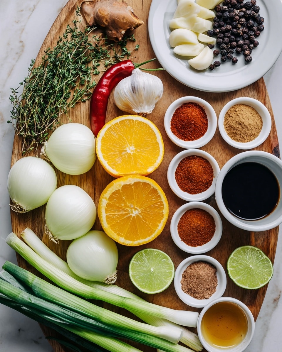 The image shows a wooden board filled with various fresh and dried ingredients. In the center left, there are several large chunks of white onion and a cluster of peeled garlic cloves. Next to them is a half-cut lemon and a half-cut orange, both showing their bright yellow and orange interiors. At the top left, there are sprigs of fresh green thyme and a small red chili pepper alongside a dark brown dried chili. At the top right on a white plate, there are five small white bowls each containing powdered spices in colors of deep red, dark brown, orange, light brown, and a cinnamon shade, with some allspice berries beside the plate. At the bottom right, green onions are neatly stacked next to a half-cut lime showing its light green inside. Surrounding the board are small white bowls containing dark soy sauce and brown sugar, as well as a bowl with a golden liquid likely vinegar or oil. The whole scene rests on a white marbled surface. photo taken with an iphone --ar 4:5 --v 7
