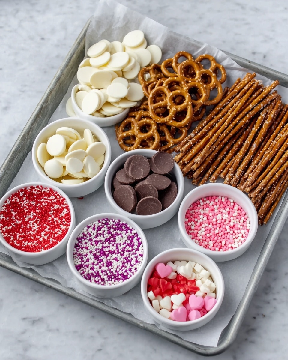 A metal tray lined with white parchment paper holds a set of white bowls and loose snacks. From left to right, there are three larger white bowls filled with white chocolate discs, dark chocolate discs, and small pretzel twists. Next to these, loose pretzel twists and thin pretzel sticks with salt crystals cover the right side of the tray. In front of the larger bowls, there are six smaller white bowls filled with colorful sprinkles: a mix of red, white, and purple round confetti; heart-shaped and ring-shaped red and pink sprinkles; tiny red and white round sprinkles; mixed pink and white heart-shaped sprinkles; and small white beads. The tray sits on a white marbled surface. photo taken with an iphone --ar 4:5 --v 7