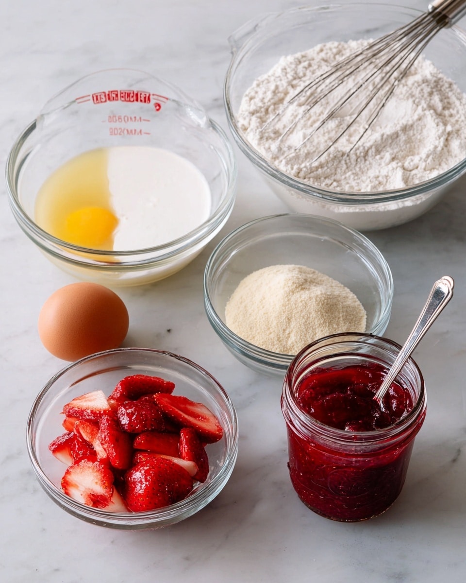 A clear glass bowl in the back is filled with white flour and has a whisk inside. To the left is a clear measuring cup holding melted butter and milk, showing light yellow and white layers. In the middle, a small clear bowl contains one brown egg. Next to it is another tiny clear bowl filled with dry yeast, pale beige in color. In the front on the right, a small clear bowl holds bright red sliced strawberries, and behind it is a glass jar filled with chunky red strawberry jam with a metal spoon inside. All items are set on a white marbled surface photo taken with an iphone --ar 4:5 --v 7