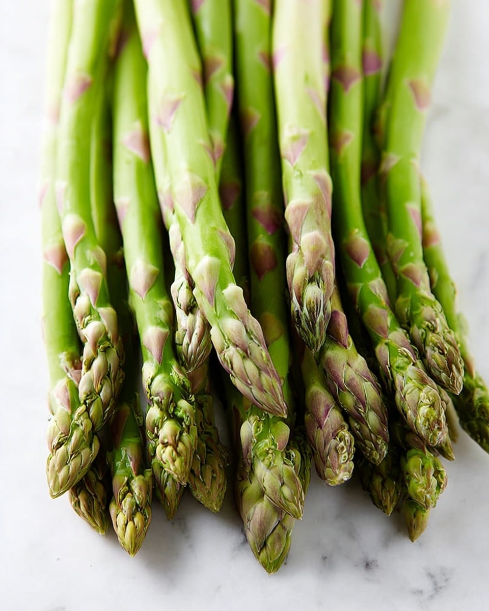 A bunch of fresh green asparagus spears arranged closely together, lying flat on a white marbled surface. The spears show a mix of light to medium green color with some tips having a subtle purple tint. Each spear is smooth and firm, with the tightly closed tips giving a textured look at the top while the lower part is straighter and clean. The overall look is fresh and natural. Photo taken with an iphone --ar 4:5 --v 7