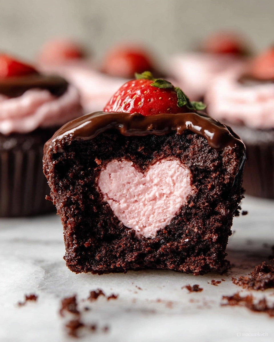 The image shows a chocolate cupcake split in half, placed on a white marbled surface with some chocolate crumbs around it. The cupcake has three layers: the bottom layer is dark, moist chocolate cake with a rough texture; in the middle, there is a creamy pink frosting shaped like a heart; and the top is covered with a thick, smooth, shiny layer of dark chocolate ganache. A small piece of fresh red strawberry sits on top of the ganache, adding a bright color contrast. The background is softly blurred with more chocolate cupcakes visible. Photo taken with an iphone --ar 4:5 --v 7