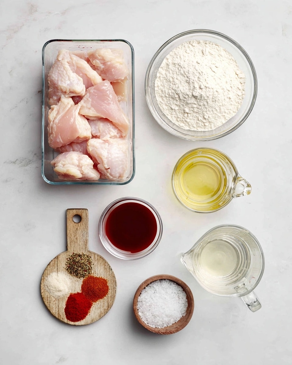 A top-down view of cooking ingredients arranged on a white marbled surface, featuring raw light pink chicken pieces in a clear rectangular glass container on the left; above it, a clear round bowl filled with white flour and a smaller clear bowl with a dark red sauce; to the right, two clear glass measuring jugs, one filled with white liquid and below it another with light yellow oil; at the bottom left, a small round wooden board holds three piles of spices in red, light brown, and beige shades; and on the bottom right, a small clear bowl holds white salt with black pepper sprinkled on one side, photo taken with an iphone --ar 4:5 --v 7