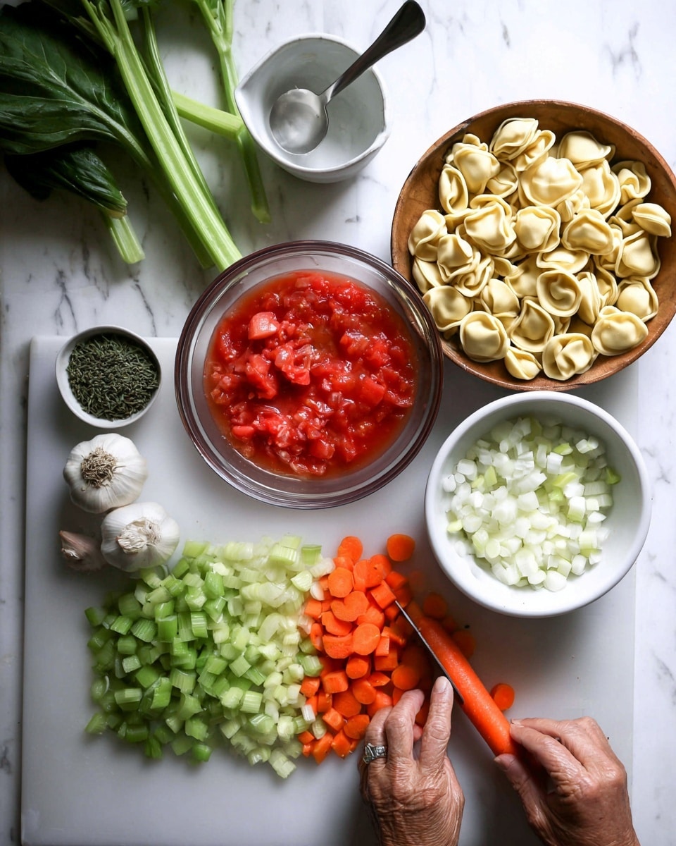 The image shows a white marbled surface with fresh ingredients for cooking. At the top left, there are green leafy herbs and celery stalks. In the center, a clear bowl filled with bright red chopped tomatoes in juice sits next to a white bowl that is empty or has a clear liquid inside. To the right, there is a round wooden bowl full of uncooked tortellini pasta. Below the bowls, there are chopped green celery pieces on the left, orange chopped carrots on the right, and finely chopped white onions in the middle. A whole garlic bulb and some loose garlic cloves rest on the lower left side. At the bottom right, a woman's hand is holding an orange carrot steady with her left fingers while her right hand uses a knife to chop the carrot. There is a small white bowl holding dried green herbs with a metal measuring spoon inside near the tomatoes. The whole image is clean and bright with a focus on fresh ingredients and preparation. photo taken with an iphone --ar 4:5 --v 7
