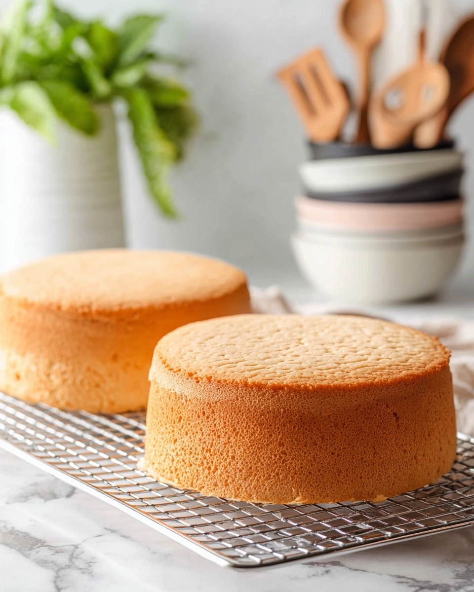 Two round, light brown sponge cakes with soft, textured tops and smooth sides sit on a silver cooling rack over a silver tray, all placed on a white marbled surface. In the blurred background, there is a tall white container holding wooden kitchen utensils and stacked white bowls with gray and light pink rims. A green leafy plant is also softly visible, photo taken with an iphone --ar 4:5 --v 7