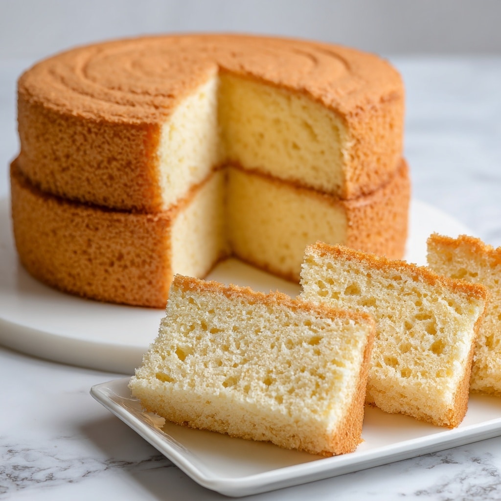 This image shows a round, light brown sponge cake with a soft, fluffy texture. The cake is slightly taller, about three layers stacked but not separated, with a smooth top that has light horizontal lines. A large slice is taken out, showing the pale yellow inside with an even texture. In front of the cake, three round slices lay flat on a white rectangular plate, revealing the spongy, airy inside with golden edges. The whole scene sits on a white marbled surface, creating a clean, fresh look. photo taken with an iphone --ar 4:5 --v 7