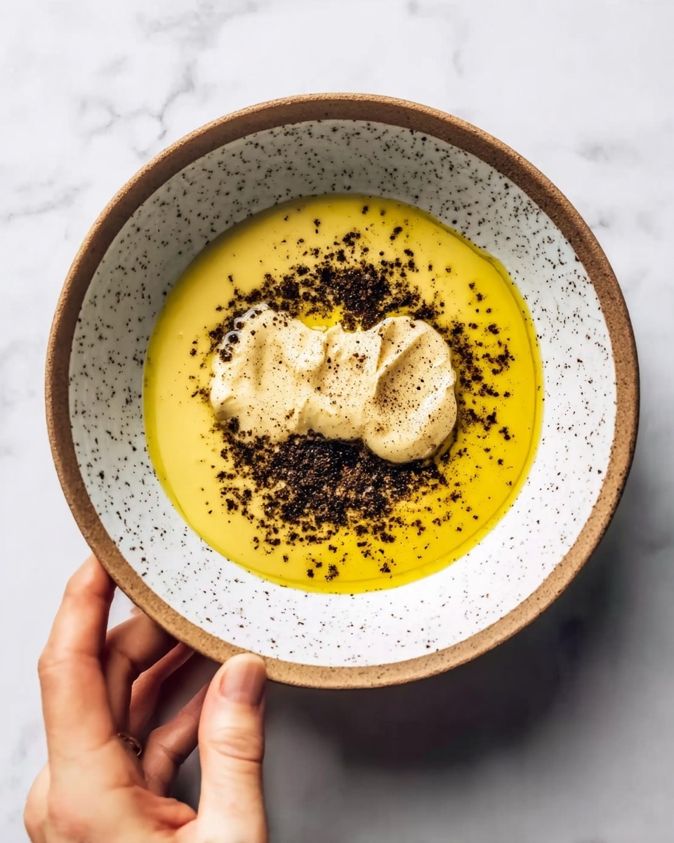 A white bowl with a speckled rim shows a base layer of bright yellow oil filling the bowl. On top of the oil are two dollops of thick light beige and creamy white pastes placed near the center. The surface of the oil is sprinkled evenly with a layer of dark ground spices, creating a contrast with the yellow oil below. A woman's hand is holding the bowl on the lower left side against a white marbled background. Photo taken with an iphone --ar 4:5 --v 7