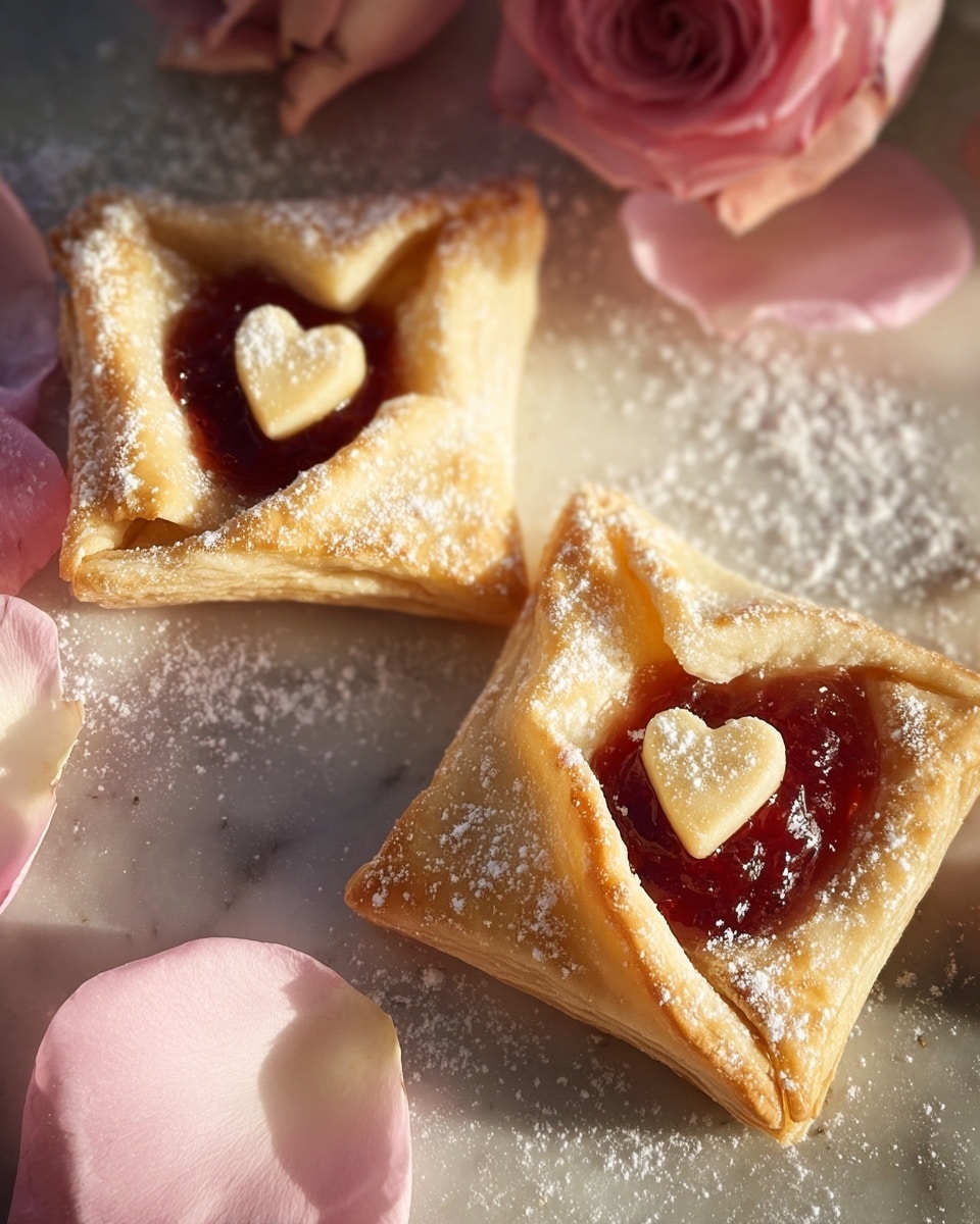 The image shows two small square pastries on a white marbled surface, each with four folded golden-brown edges forming a pocket around a red jam filling in the center. On top of the jam, there is a small pale dough heart shape placed slightly off-center on each pastry. The pastries are lightly dusted with powdered sugar. Around them, there are soft pink rose petals and whole pink roses, adding a delicate touch to the scene. The lighting is warm and highlights the texture of the dough and the shiny jam inside each pastry photo taken with an iphone --ar 4:5 --v 7