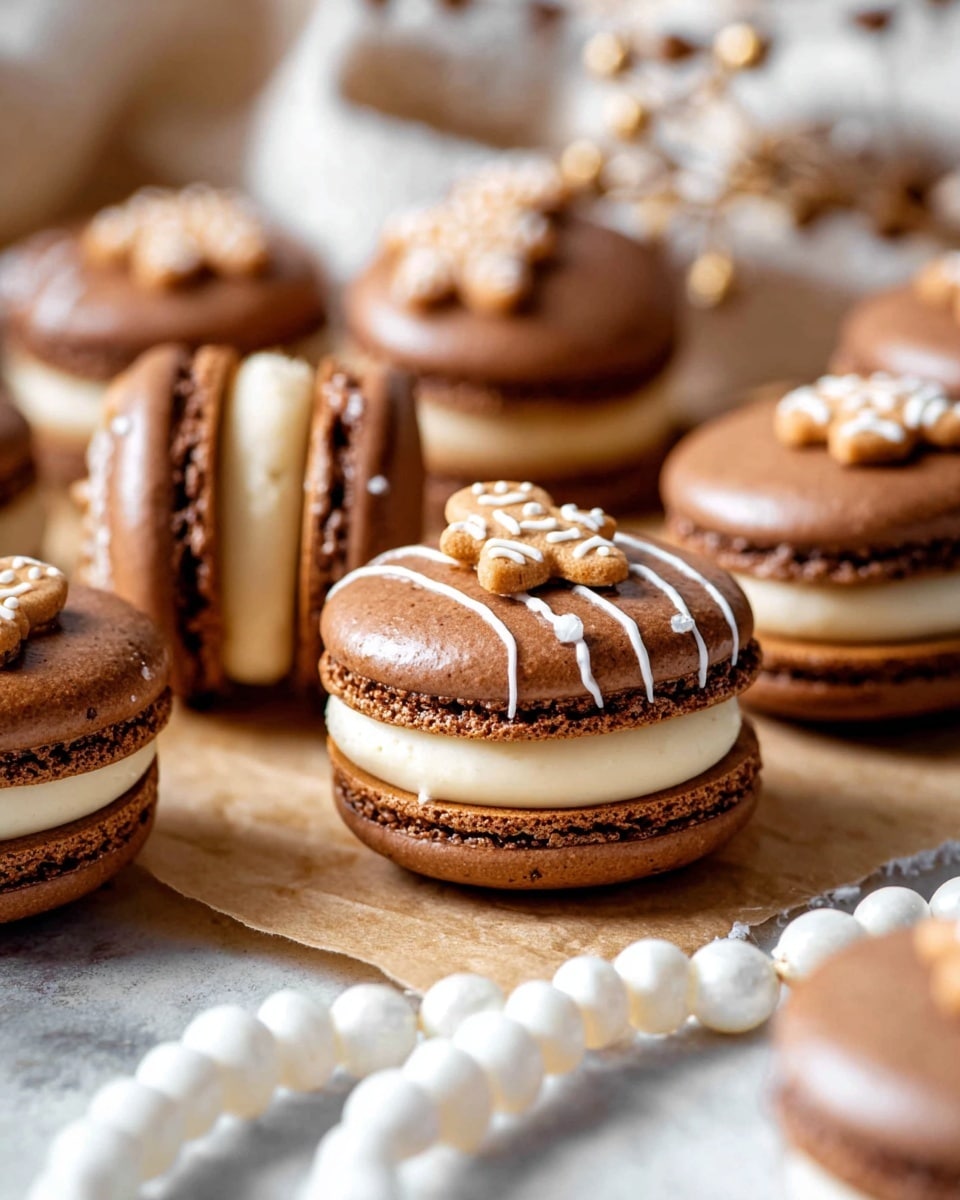 The image shows several chocolate macarons arranged on a crinkled parchment paper over a white marbled surface. Each macaron has two smooth, shiny dark brown cookie layers with a light beige creamy filling sandwiched in between. Some macarons are decorated on top with small light brown gingerbread-shaped sprinkles and have thin white icing lines. In the foreground, a white beaded garland lies next to the macarons, adding a decorative touch. The macarons are closely placed, creating a cozy and inviting look. photo taken with an iphone --ar 4:5 --v 7