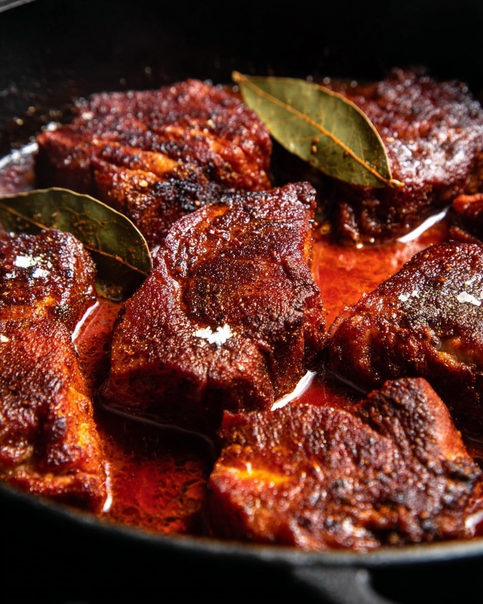 A close-up view of several pieces of meat cooking in a black pan. The meat is dark brown with a rough, spicy crust and is coated with a red sauce, giving a glossy look. There are visible grains of salt sprinkled on top, and two dried bay leaves rest among the meat pieces. The rich red sauce pools beneath the meat, contrasting with the textured, browned surface of the meat pieces. photo taken with an iphone --ar 4:5 --v 7