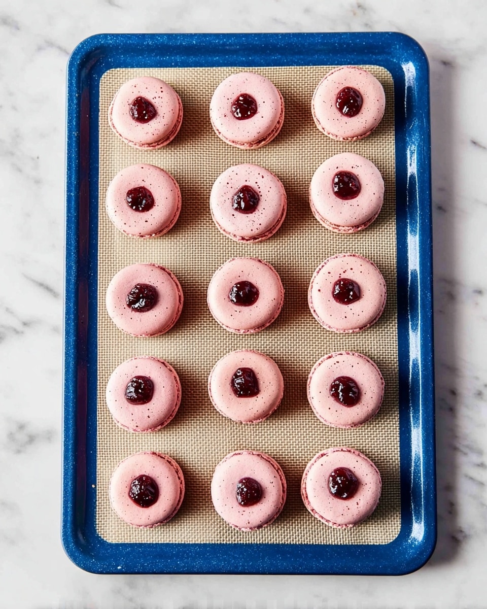 A baking tray with a blue silicone mat holds five rows of pink macarons arranged in pairs. One side of each pair shows smooth, round macaron shells with a light, speckled pink color and a matte texture. The other side displays a bottom shell topped with a ring of pink frosting and filled with dark red jam in the center, giving a contrast of soft pink and deep red colors. The tray sits on a white marbled surface. Photo taken with an iphone --ar 4:5 --v 7