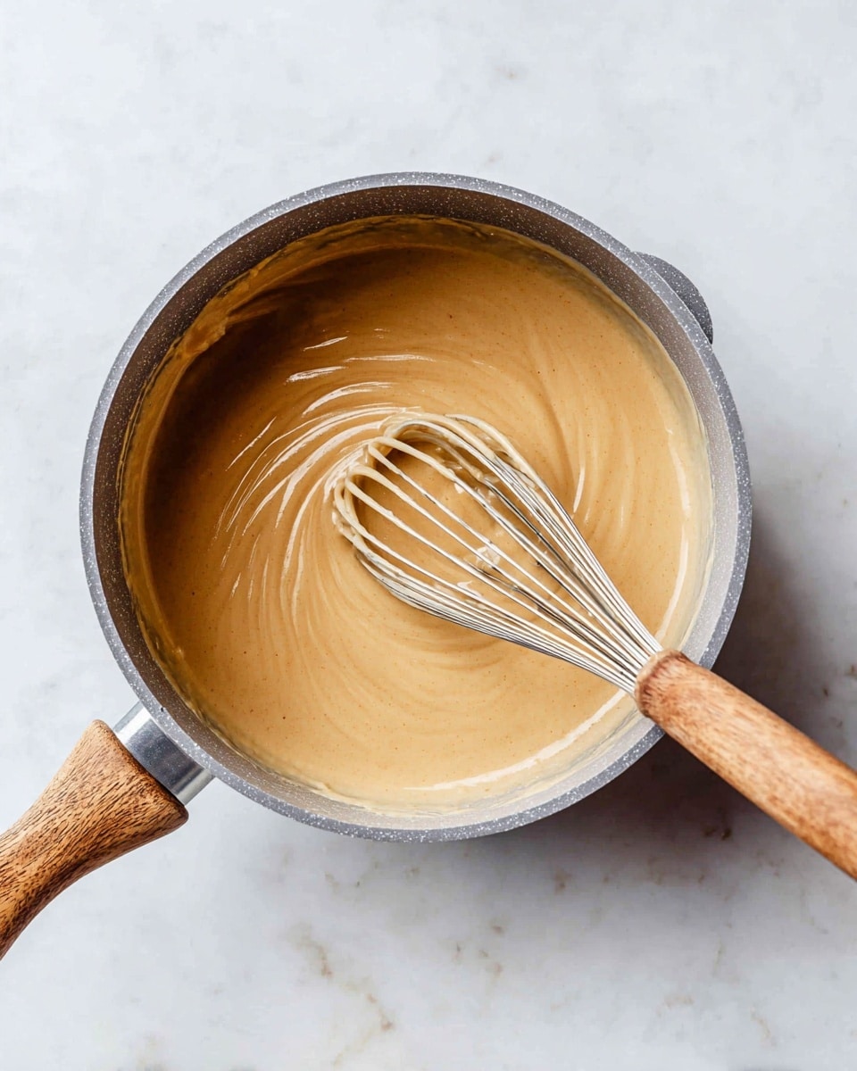 A light brown thick sauce with a smooth texture is in a gray pot. A whisk with a wooden handle is inside the pot, resting on the sauce as if it is stirring or just finished stirring. The pot sits on a white marbled surface, giving a clean and bright background to the scene. Photo taken with an iphone --ar 4:5 --v 7