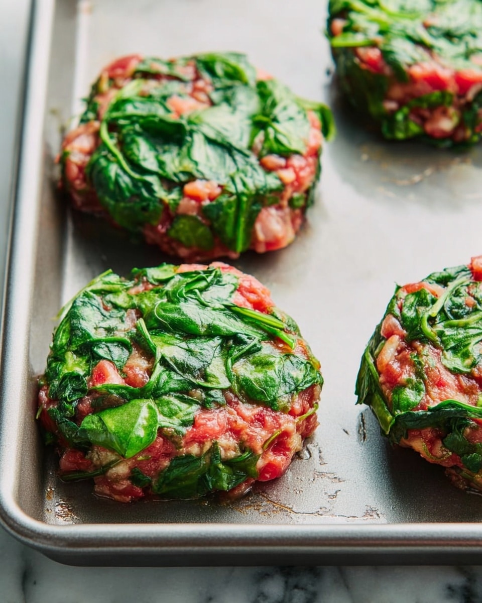 The image shows four round patties on a gray baking tray. Each patty has two main layers: a red layer of diced tomatoes mixed with some soft white pieces, and a thick layer of green spinach leaves that cover the patty both inside and around the edges, giving it a rough, leafy texture. The spinach leaves look fresh and bright, and the tomato layer has a moist, chunky look. The tray sits on a white marbled surface, adding a clean background to the simple and fresh food. photo taken with an iphone --ar 4:5 --v 7