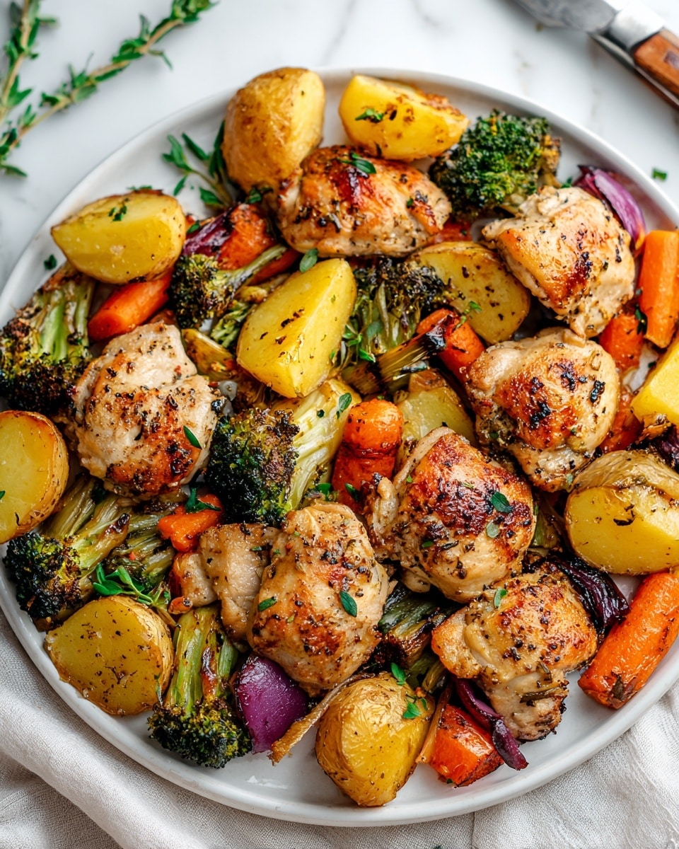 The dish shows a white round plate full of roasted chicken pieces and vegetables. There are about seven pieces of light brown, slightly crispy chicken with dark seasoning specks scattered on top. Mixed among the chicken are roasted yellow potato halves and wedges with browned edges, bright orange carrot chunks, green broccoli florets with some charred tips, and a few small pieces of purple onion. The vegetables and chicken pieces are unevenly spread, and some fresh green herb sprigs are scattered on top. The plate is set on a soft white marbled surface, with a knife slightly visible in the background. photo taken with an iphone --ar 4:5 --v 7