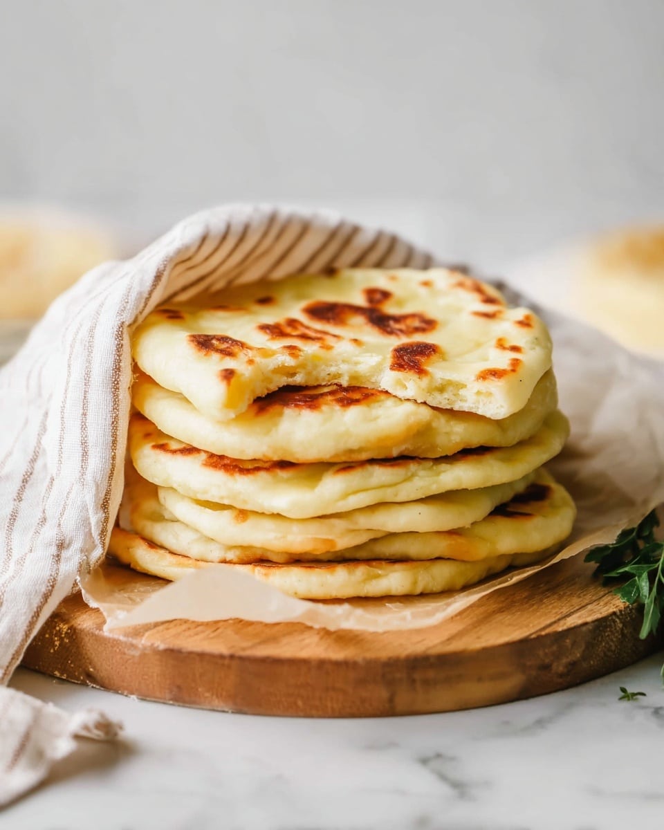 A stack of six round flatbreads with golden brown patches sits on a wooden board lined with parchment paper. The flatbreads have a soft, slightly puffy texture and are layered one on top of another. The top flatbread is folded in half, revealing its light, fluffy inside with a few darker brown spots from cooking. A light beige cloth with thin stripes is partly covering the stack, and a small green herb leaf peeks from the bottom right side. The scene is set on a white marbled surface with a soft, neutral background. photo taken with an iphone --ar 4:5 --v 7