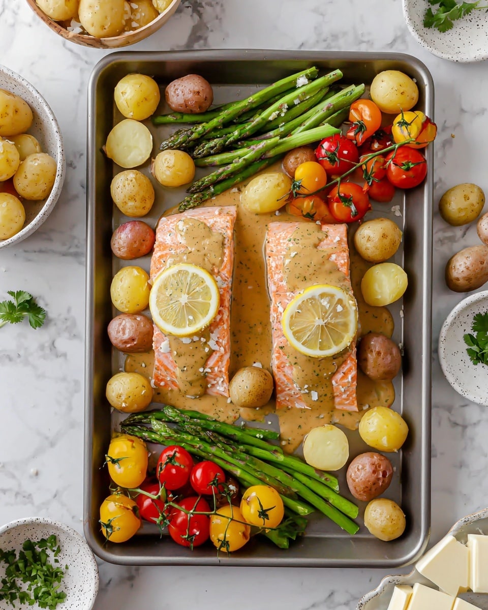 A gray baking tray sits on a white marbled surface, filled with two pink-orange salmon fillets topped with a light brown mustard sauce and each garnished with a thin yellow lemon slice. Around the salmon, there are small yellow potato slices and whole baby potatoes scattered throughout. Bright green asparagus pieces are spread across the tray, along with two small clusters of cherry tomatoes—one cluster of red and one of yellow tomatoes still attached to their green stems. In the background, there are two white speckled bowls, one filled with small yellow potatoes and the other with large white cheese cubes, and some green parsley leaves placed beside them. Photo taken with an iphone --ar 4:5 --v 7