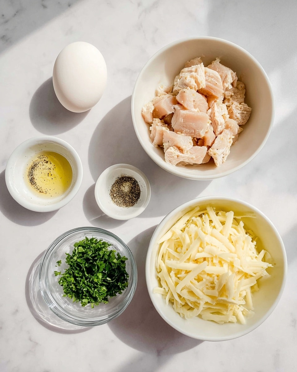 The image shows five separate ingredients arranged on a white marbled surface: a single white egg positioned in the upper left, a white bowl in the upper right filled with chunks of light pink and cream-colored cooked chicken, a small white ramekin below the egg containing salt, black pepper, and yellow seasoning, a small clear glass bowl with chopped fresh green parsley below the ramekin, and a white bowl in the lower right filled with a generous amount of shredded pale yellow cheese. The lighting is bright and natural, creating soft shadows. Photo taken with an iphone --ar 4:5 --v 7