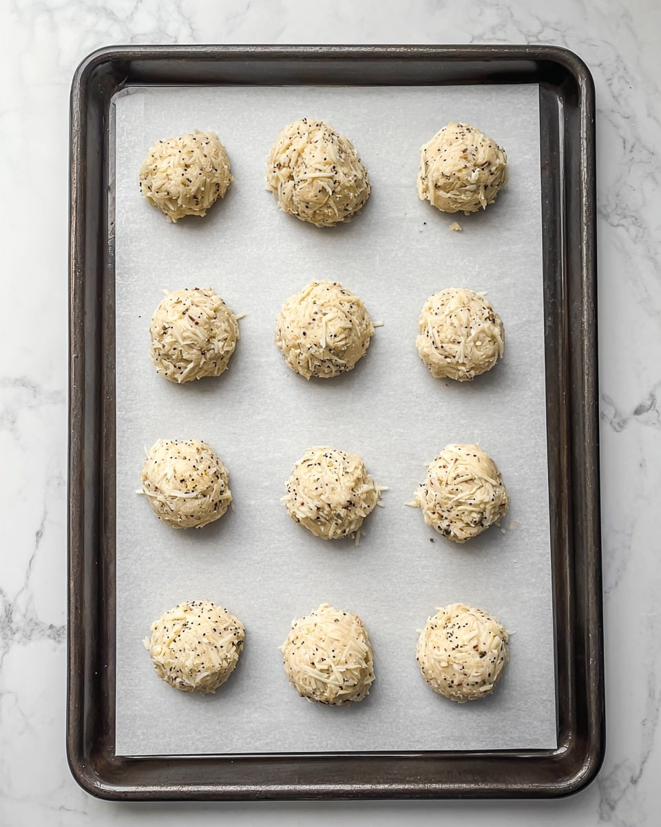 A dark metal baking tray holds ten small, round mounds of light beige dough mixed with visible bits of shredded cheese and black pepper. The mounds are placed in two neat vertical rows on a sheet of white parchment paper that covers the tray. The background surface is a smooth white marble texture with faint grey veins. photo taken with an iphone --ar 4:5 --v 7