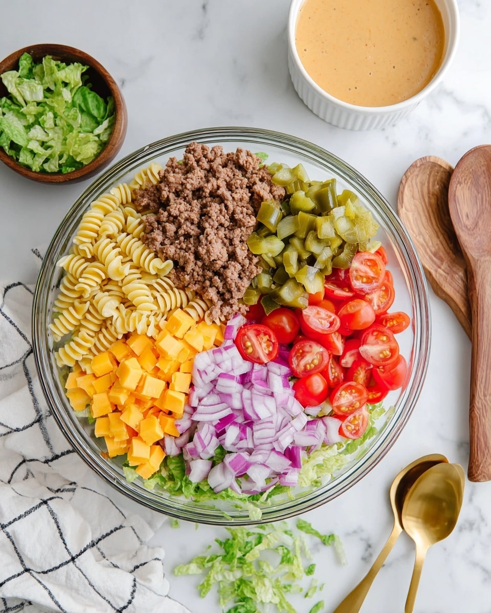 A clear glass bowl sits on a white marbled surface filled with six layers of ingredients arranged in sections: the bottom layer is light yellow spiral pasta, topped with brown cooked ground meat on the left, green chopped pickles at the top, bright orange cheese cubes on the right, bright red halved cherry tomatoes below the cheese, purple chopped onions in the center, and green shredded lettuce at the bottom. Nearby, there is a white bowl with a white lid, a wooden spoon on the right, a small brown bowl with orange dressing and a gold spoon above the bowl, and a white cloth with black grid lines on the left. Some green lettuce pieces are scattered around. Photo taken with an iphone --ar 4:5 --v 7