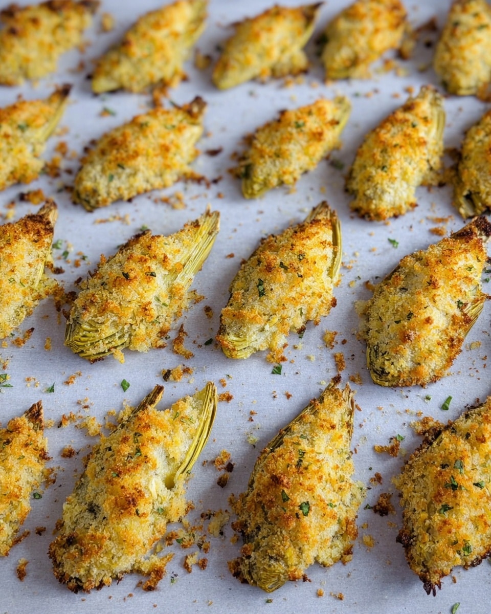 The image shows many pieces of baked artichoke petals arranged in rows on a light-colored baking sheet lined with parchment paper. Each petal has a crispy, golden-brown breadcrumb coating with a mix of light yellow and slightly browned spots, showing a crunchy texture. The petals have a rough, crumbly surface with some herbs visible inside the coating. The background is a white marbled texture, and no other objects or utensils are visible in the frame. photo taken with an iphone --ar 4:5 --v 7