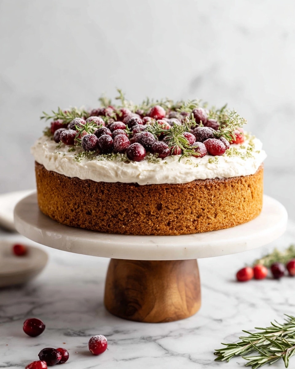 The image shows a round cake with a thick, golden brown base layer that looks soft and slightly crumbly. On top of the cake is a thick layer of white cream with a fluffy texture spread evenly. The cream is topped with frosted red cranberries and green rosemary sprigs, which add color and texture. The cake is placed on a white marble cake stand with a wooden pedestal, and the background is a white marbled surface scattered with a few cranberries and rosemary sprigs. photo taken with an iphone --ar 4:5 --v 7