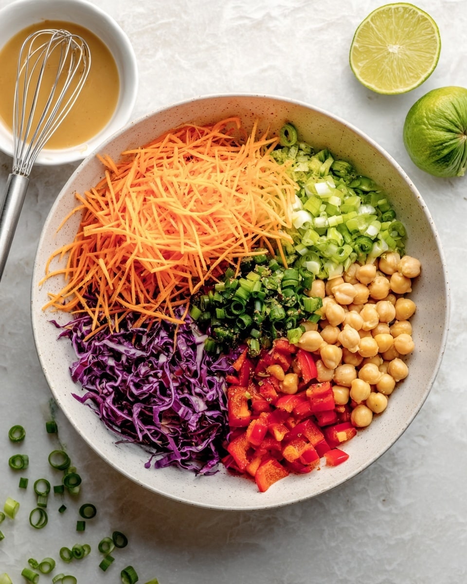 A white bowl holds six colorful layers arranged side by side: shredded bright orange carrots on the left, chopped light green scallions next to it, shredded deep purple cabbage in the center, small dark green chopped peppers beneath the cabbage, chickpeas with a creamy beige color to the right of the peppers, and diced red bell peppers on the far right. The bowl sits on a white marbled surface. To the top left of the bowl is a small white bowl filled with a light brown dressing and a small whisk. To the top right is a halved green lime. Scattered green scallion slices are visible near the bowl photo taken with an iphone --ar 4:5 --v 7