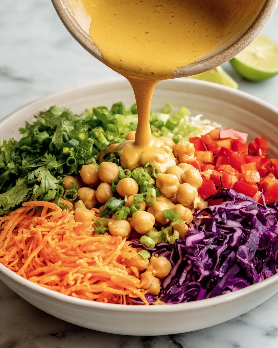 The image shows a bowl of food with six visible layers arranged side by side in a circle. Starting from the bottom left, the first layer is fresh green cilantro leaves, followed by finely shredded orange carrots mixed with sliced green spring onions. Next, there are cooked light yellow chickpeas in the center bottom, topped with some chopped green onions. To the right of the chickpeas, there are bright red diced bell peppers, and above them, deep purple shredded cabbage forms the top right section. A creamy, smooth thick yellow-orange sauce is being poured over the chickpeas from a tan bowl held above. The bowl is white and sits on a surface with a white marbled texture. A half lime is visible on the background. Photo taken with an iphone --ar 4:5 --v 7