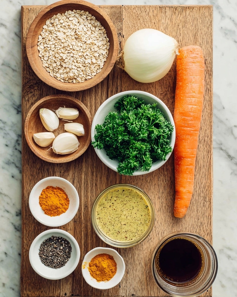 The image shows a wooden board with various ingredients arranged neatly on it. At the center is a white onion in a small wooden bowl. To its right, a whole orange carrot lies flat. Below the onion is a white bowl filled with fresh green parsley leaves. Below that is a glass container with a light yellow sauce speckled with green herbs. To the left of the parsley, a larger white bowl contains small beige grains. Above this bowl is another wooden bowl filled with light oats. Near the top left corner is a white bowl with three pale pieces of garlic. Next to it, a white bowl holds bright orange turmeric powder. Above the carrot is a small white bowl with mixed black and white peppercorns, and beside it, a smaller white bowl of white salt. To the far right top corner, a glass cup with a dark liquid sits on the board. All items are placed on the wood against a white marbled texture background photo taken with an iphone --ar 4:5 --v 7