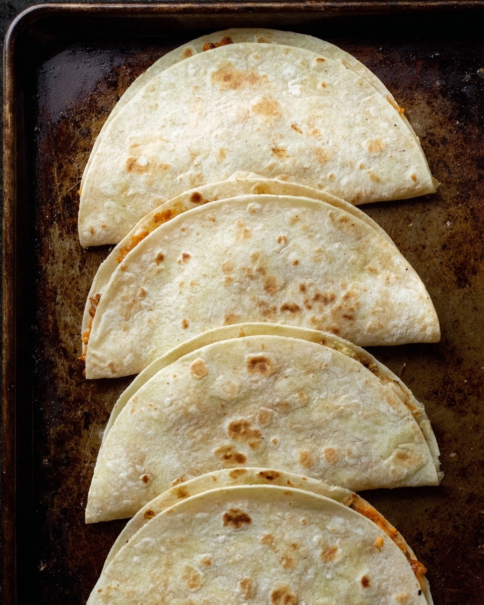 The image shows six folded tortillas placed on a baking tray. Each tortilla is folded in half, forming a half-moon shape with a pale beige color and light brown spots. The tortillas have a soft and slightly uneven texture on the surface, with some small areas where the color is a bit darker, suggesting they have been lightly toasted. Some filling, orange and dark brown in color, is peeking out from a few tortillas' edges, hinting at a mix of ingredients inside. The tray beneath is dark and slightly worn. photo taken with an iphone --ar 4:5 --v 7
