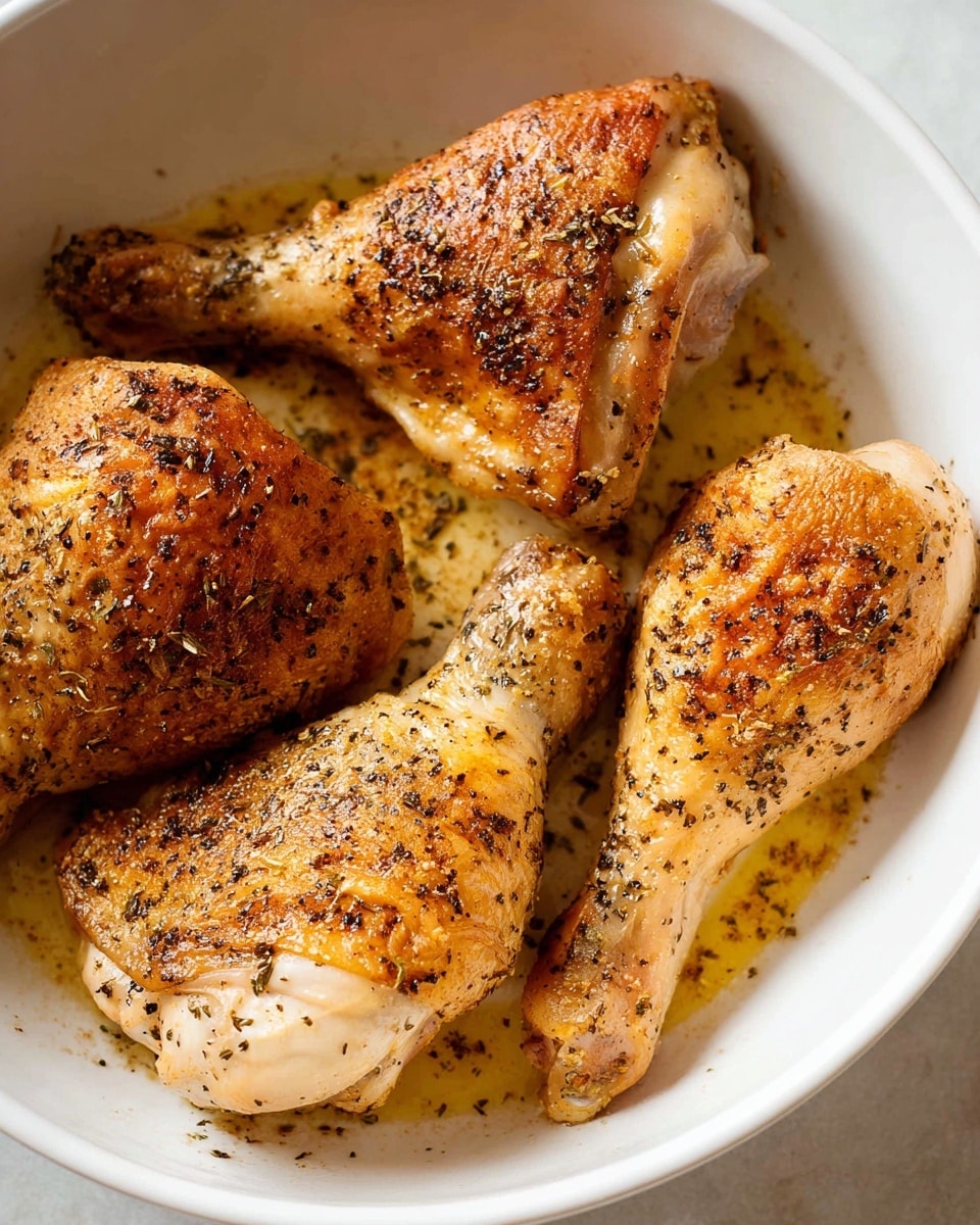 A close-up view of four cooked chicken pieces placed inside a white bowl. There are two drumsticks and two thighs, all with a golden brown skin and a light sprinkling of black pepper, dried herbs, and spices across their surfaces. Juices and seasoning oils pool slightly at the bottom of the bowl, adding a glossy texture to the meat. The white marbled surface under the bowl sets a clean, simple background. The image captures the warm, crispy skin texture of the chicken, highlighting the contrast between the browned top layers and the lighter undersides. Photo taken with an iphone --ar 4:5 --v 7