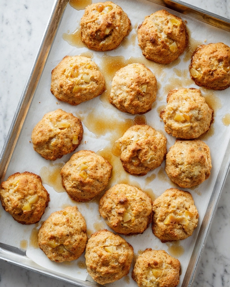 A baking tray holds about fifteen irregularly shaped cookies that are golden brown on top with a slightly rough texture. Each cookie has small visible chunks of light yellow fruit or dough pieces within, giving a chunky appearance. The cookies are spaced apart on a white parchment paper lining the tray, with some shiny spots and light caramel-colored syrupy areas around them. The tray is set against a white marbled background. photo taken with an iphone --ar 4:5 --v 7