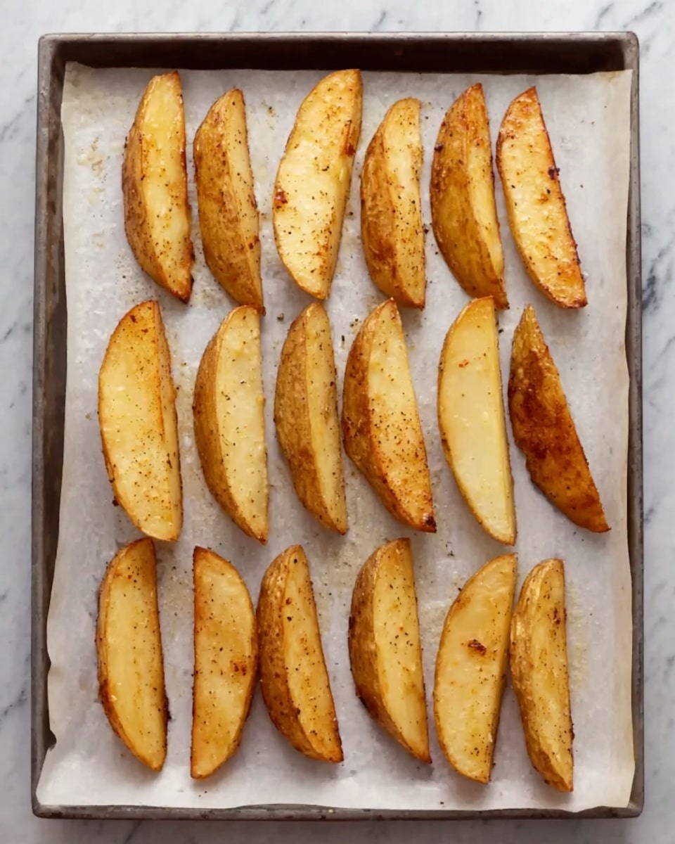 The image shows twelve potato wedges lined up in four rows on a baking sheet covered with white parchment paper. Each wedge is golden brown with some darker specks of seasoning, with the skin left on, showing a smooth texture on the inside and a slightly rough texture on the outside. The wedges are spaced evenly and appear cooked with a light crisp on the outside. The baking sheet is placed on a white marbled surface. photo taken with an iphone --ar 4:5 --v 7
