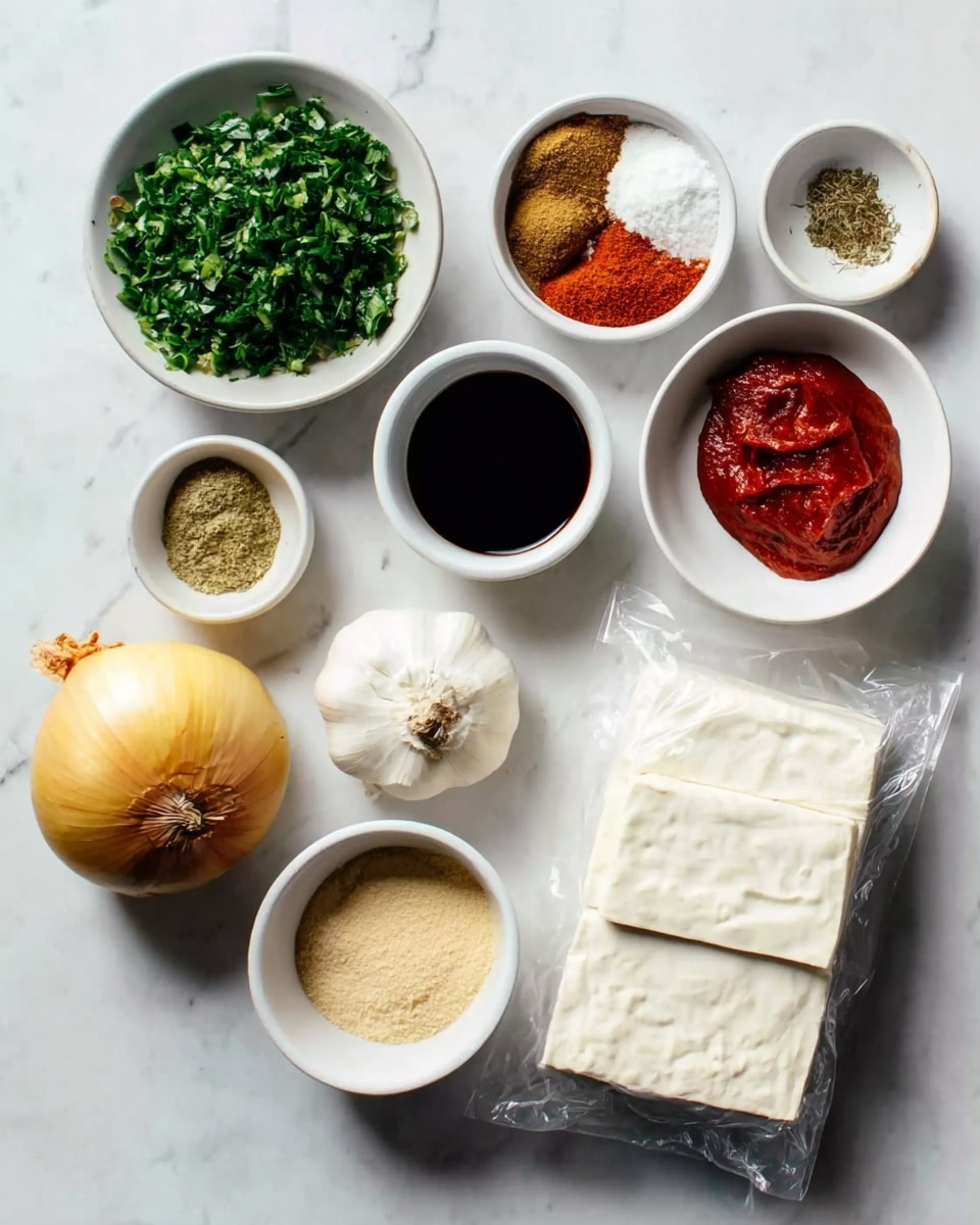 The image shows a top view of cooking ingredients arranged on a white marbled surface. There are several small white bowls holding various items: one filled with chopped green herbs, another with a mix of different ground spices including a reddish powder, one bowl contains a dark liquid, another has bright red paste, and one more holds a light beige powder. A whole yellow onion and a bulb of white garlic are placed near the bowls. To the side, there are two square sheets of tofu in a clear vacuum pack. The layout is clean and organized, with good natural light highlighting the colors and textures of each ingredient. Photo taken with an iphone --ar 4:5 --v 7