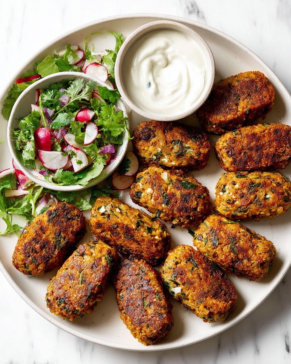 The image shows a round white plate with ten golden-brown, oval-shaped patties arranged mostly around the edge, each with visible bits of green herbs and a crunchy texture. Inside the plate are two smaller white bowls, one filled with a fresh salad made of chopped green leaves, red radishes, and purple onion pieces, and the other with a smooth white creamy sauce. The plate sits on a white marbled surface. photo taken with an iphone --ar 4:5 --v 7