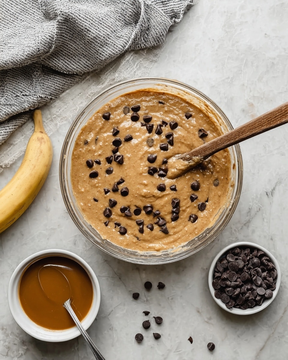A clear bowl filled with light brown, thick batter that has a slightly rough texture mixed with scattered dark brown chocolate chips on top; a wooden spoon is partially submerged in the batter, resting on the right side of the bowl. Next to it is a small white bowl containing smooth, golden brown sauce or syrup with a metal spoon resting inside. Near the bottom left, a peeled yellow banana lies with some loose chocolate chips nearby, and a small white bowl filled with more chocolate chips is visible. A gray and white striped cloth is loosely placed on the top left corner on a white marbled surface photo taken with an iphone --ar 4:5 --v 7