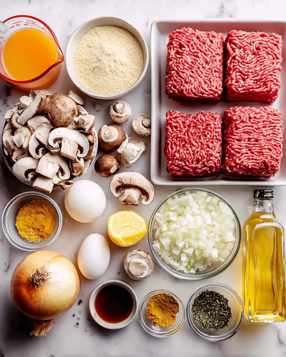 The image shows a variety of cooking ingredients neatly arranged on a white marbled surface. On the right, there is a white tray holding two large, square blocks of red ground meat. Next to the meat, to the left, are a bowl of light yellow breadcrumbs and sliced brown mushrooms scattered below it. Toward the center, there are finely chopped white onions with two eggs placed below them. Further left, there is half a white onion and two lemon halves with bright yellow skin. Surrounding these main ingredients are small bowls and containers holding different seasonings and liquids: an orange broth in a glass measuring cup, a small bowl of dark red sauce, yellow powdered seasoning, dried green herbs, white salt, black pepper, soy sauce in a small glass bowl, a garlic bulb, and a bottle of yellow cooking oil on the far right. Everything is arranged clearly and neatly from right to left. Photo taken with an iphone --ar 4:5 --v 7