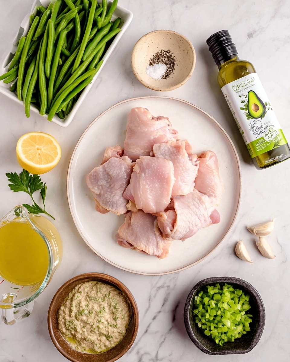 A white plate in the center holds several raw pink chicken thighs stacked in a small pile, showing smooth and slightly shiny texture. To the top left of the plate, there is a white tray full of fresh, thin green beans with a bright color and smooth surface. Above the plate is a small beige bowl with a mix of white salt and black pepper inside. To the right of the plate is a bottle of green glass avocado oil with a bright white label featuring a green avocado drawing. Below the plate on the left side, there is a half lemon with a bright yellow color and visible juicy pulp, next to a clear glass measuring cup filled with light yellow liquid, likely broth. Below the plate is a small round brown bowl with a creamy, textured mixture that looks seasoned with green herbs. To the right of this bowl, there is a small dark round bowl filled with finely chopped pale green celery. Near the celery, a small light garlic clove and a few sprigs of parsley lay on the white marbled surface. All items are arranged neatly on a white marbled surface photo taken with an iphone --ar 4:5 --v 7