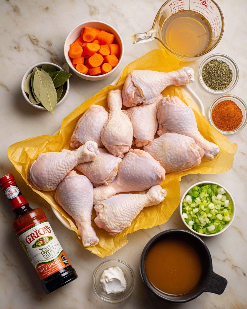 The image shows a white rectangular tray lined with yellow parchment paper holding ten raw chicken drumsticks and thighs with pale pink skin and a bit of white fat. Around the tray, there are small white bowls with bright orange carrot slices, chopped white onions, chopped green bell peppers, green onion pieces, and a mixture of spices including red, white, black, and brown powders. There is a small black bowl with bay leaves and fresh thyme, a bottle of brown sauce labeled