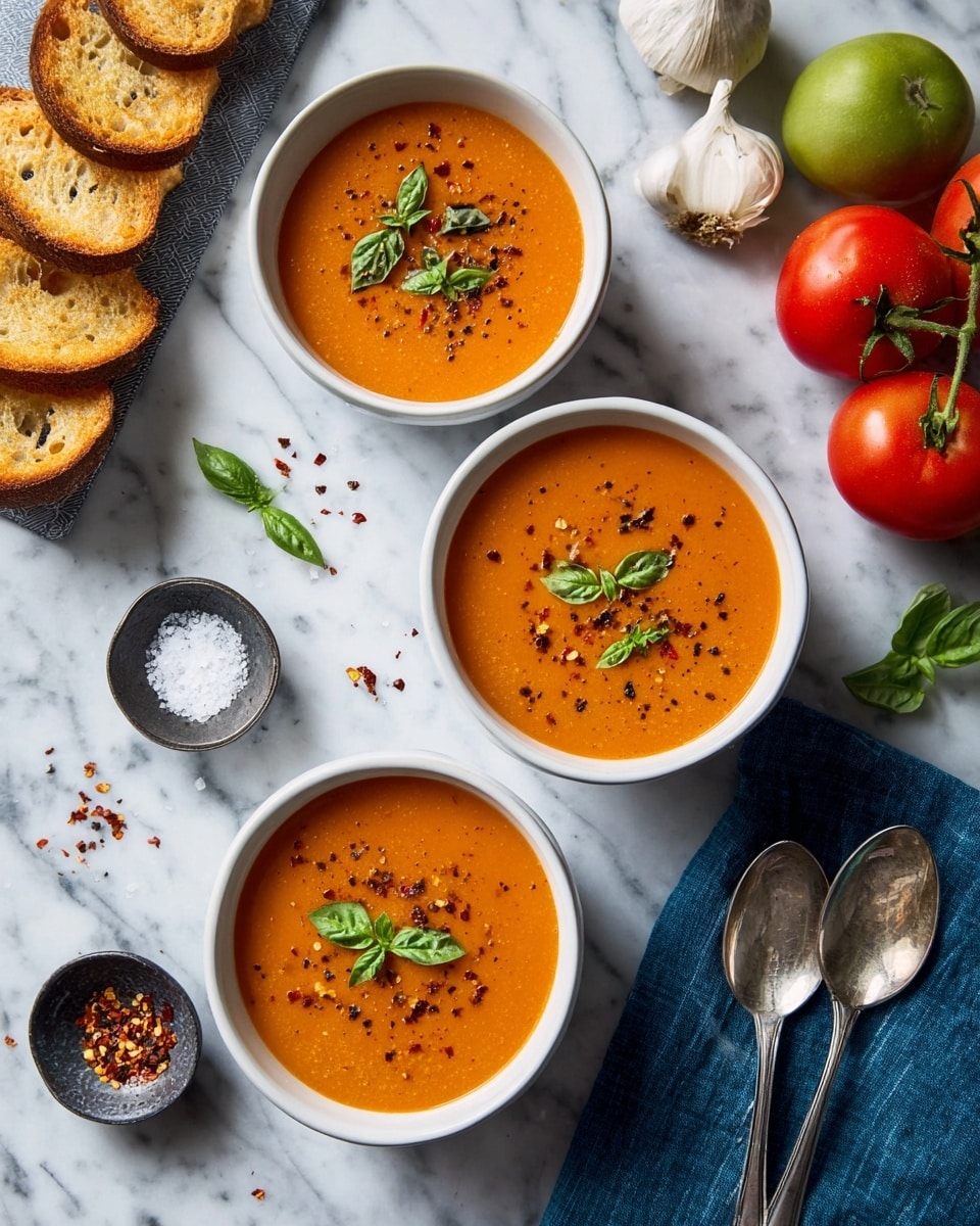 Three white bowls are filled with smooth, orange tomato soup, each topped with small green basil leaves and sprinkled with red chili flakes and black pepper. The bowls are arranged diagonally on a white marbled surface. On the left side, there are five toasted bread slices, light golden brown with a crunchy texture. Towards the right, there are fresh tomatoes in red and green colors, along with a whole garlic bulb. A dark blue cloth is placed near three silver spoons on the right bottom corner. Small bowls containing sea salt and chili flakes sit near the bottom left. Photo taken with an iphone --ar 4:5 --v 7