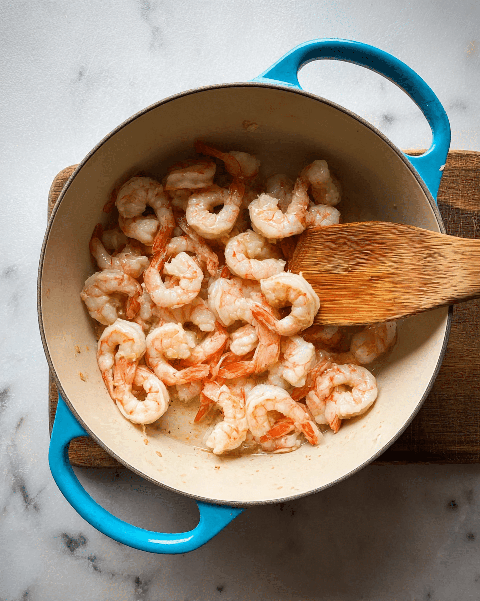 The image shows a white pot with a blue handle on a white marbled surface. Inside the pot, there are about twenty small shrimp, pink and white with a slightly wet look from cooking juices in the bottom. A wooden spatula rests inside the pot over the shrimp on the right side, showing light wood grain texture. The shrimp are spread out but touch each other in a single layer. The lighting is natural and soft. Photo taken with an iphone --ar 4:5 --v 7