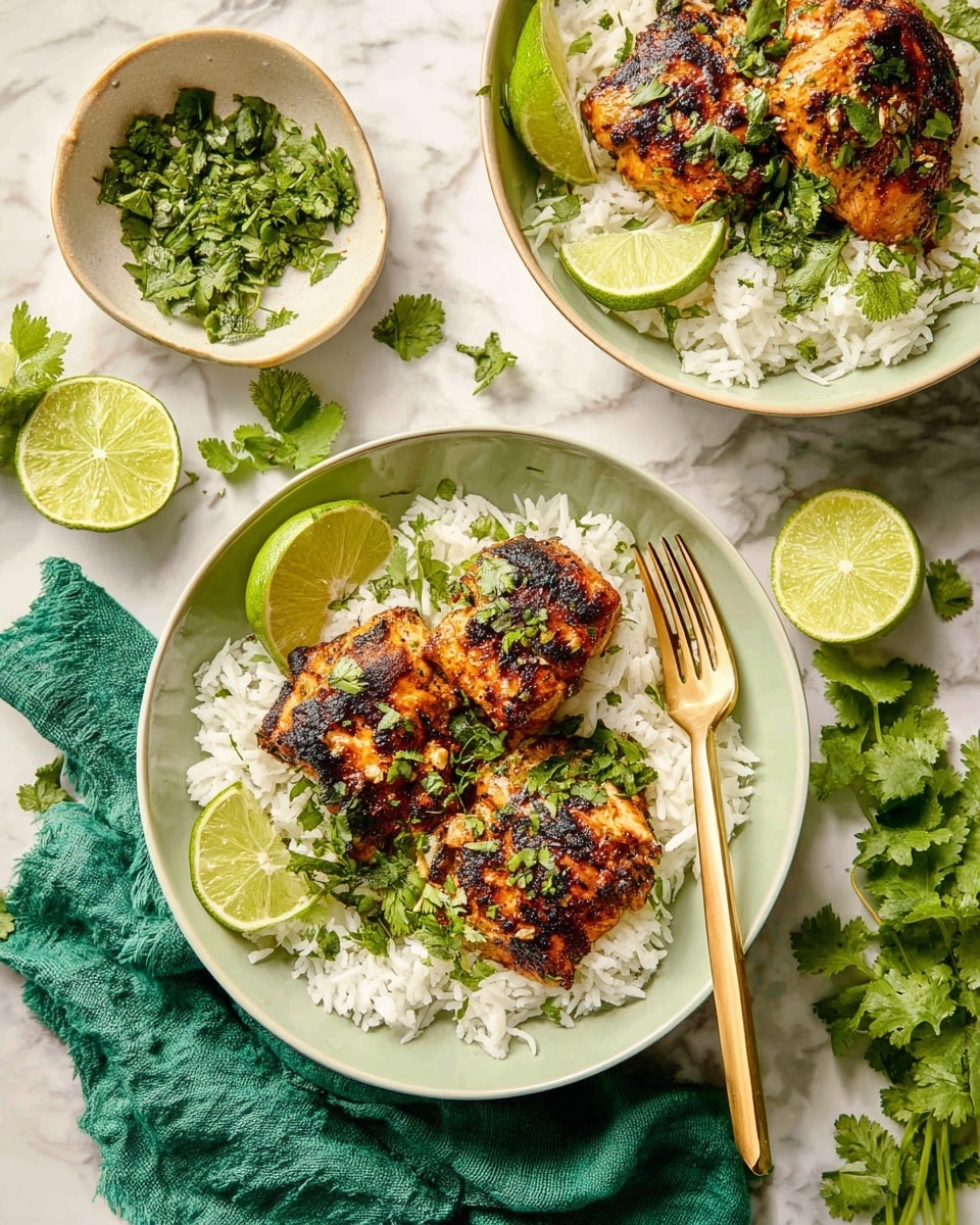 The image shows two white bowls filled with white rice as the bottom layer, topped with three pieces of grilled, golden-brown chicken with char marks and sprinkled with chopped green herbs. Each bowl has lime wedges placed on top and around the food. A gold fork rests inside the front bowl, which sits on a white marbled surface. Fresh cilantro leaves and lime wedges are scattered around, with one bowl holding some fresh chopped herbs and a lime wedge inside. A green cloth napkin is placed near the front bowl. Photo taken with an iphone --ar 4:5 --v 7