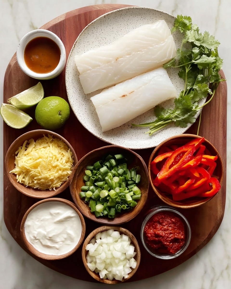 A wooden round board sits on a white marbled surface, holding a white speckled plate with two large pieces of white fish fillets placed side by side in the upper center. Around the plate are small white bowls and wooden bowls arranged neatly: on the top left is a small white bowl with a brown sauce, next to it are two halves of a lime. Below that is a white bowl with chopped yellow ginger, beside that is a wooden bowl filled with chopped green spring onions and fresh leafy cilantro. On the bottom left is a white bowl containing smooth white cream. To the right of the cream is a wooden bowl filled with chopped white onions. Continuing clockwise, a wooden bowl holds bright red sliced bell peppers next to a small dark bowl with chopped garlic and a small white bowl with thick red paste. photo taken with an iphone --ar 4:5 --v 7