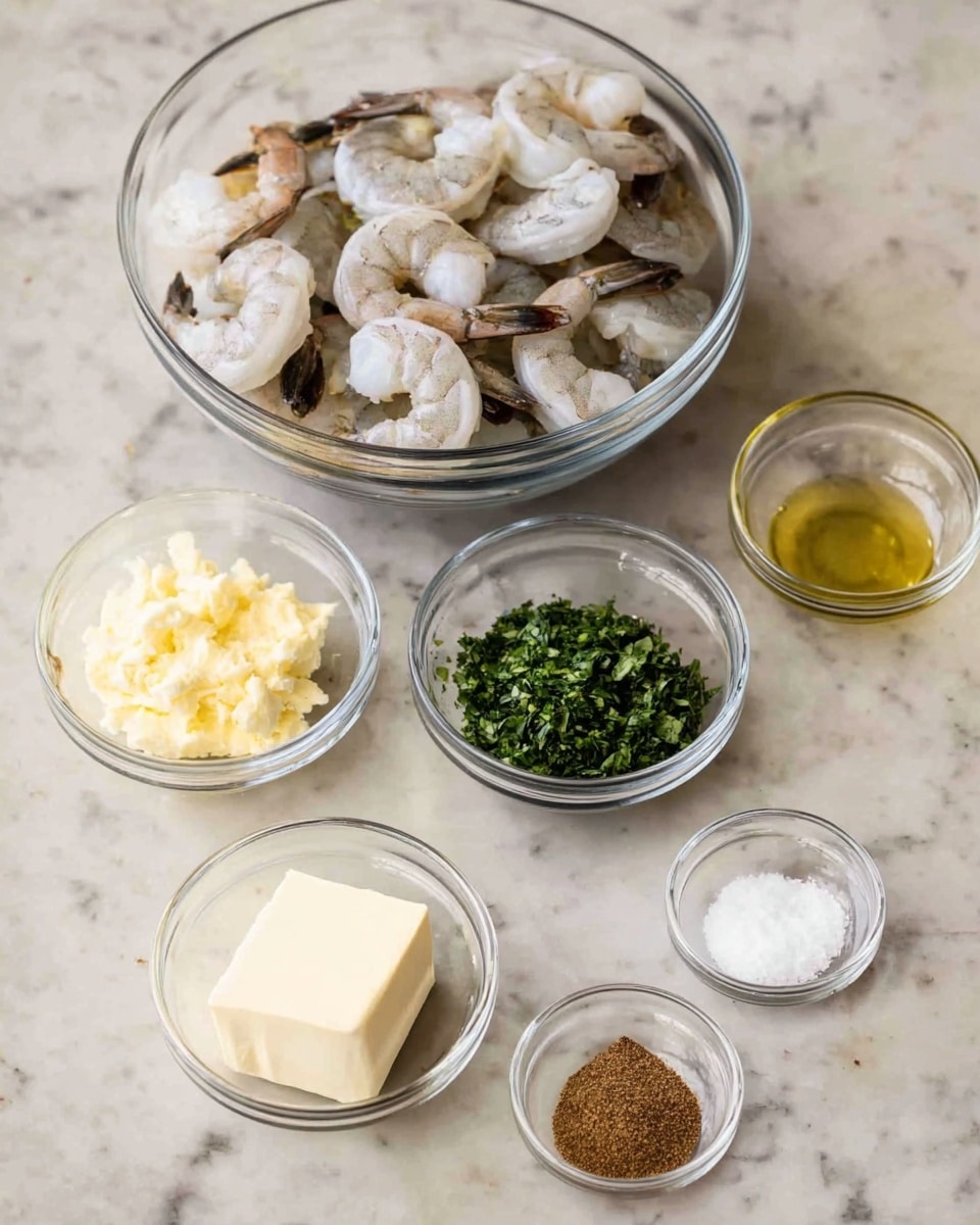 The image shows a white marbled surface with eight clear glass bowls arranged on it, each containing different ingredients. In the back center, there is a large glass bowl filled with raw peeled shrimp showing white and pink tones with dark shells. To the right in the middle is a bowl with finely chopped green herbs. Other smaller bowls hold pale yellow minced garlic, a white solid chunk of butter, a pale yellowish liquid, white salt, black pepper, and a brown powder of spices arranged neatly around the shrimp bowl. The bowls and ingredients are evenly spaced and clearly visible. photo taken with an iphone --ar 4:5 --v 7