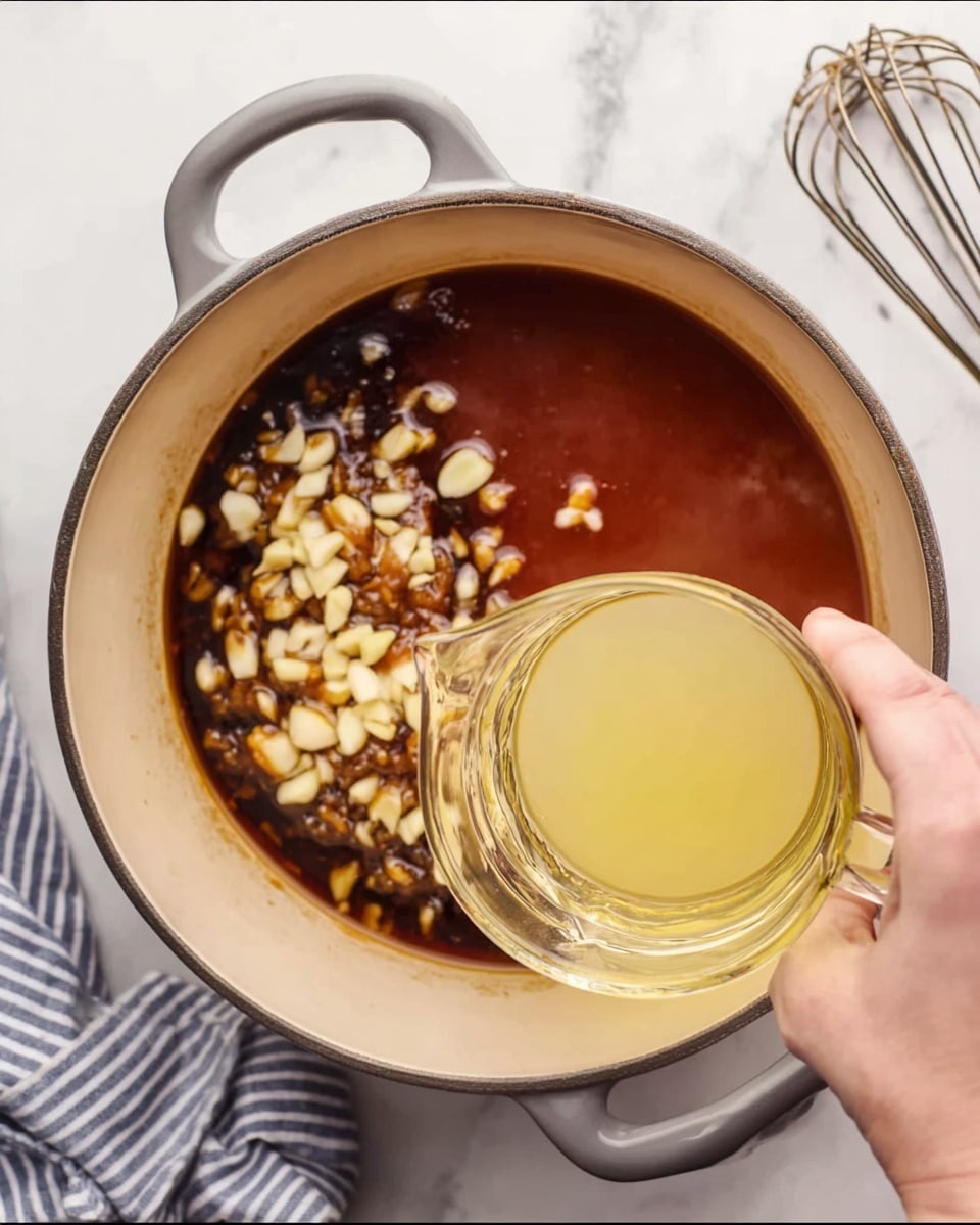 A round pot with a beige inner surface and gray handles contains several ingredients layered inside. The bottom layer is a dark, shiny sauce with small pieces of chopped garlic and another dark liquid scattered on top. Above this, there is a thick, smooth, reddish-brown sauce forming the next layer. A woman's hand is holding a clear glass cup filled with a pale yellow liquid, positioned close to the pot as if about to pour it in. The pot sits on a white marbled texture surface, with a metal whisk visible in the top right corner and a cloth with blue and white stripes partially seen at the bottom left. Photo taken with an iphone --ar 4:5 --v 7