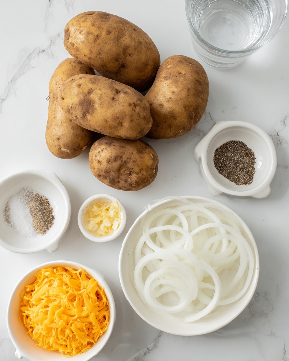 The image shows six brown potatoes placed on a white marbled surface in the center-left area. To the right, there are three small white bowls holding black pepper, coarse salt, and minced garlic, each with different textures: fine powdery black, grainy white, and small soft yellow pieces, respectively. In the bottom right corner, a white bowl is filled with thin white onion rings, and at the top left corner, a white bowl contains bright orange shredded cheese. A clear glass of water sits at the top right, slightly out of frame. photo taken with an iphone --ar 4:5 --v 7